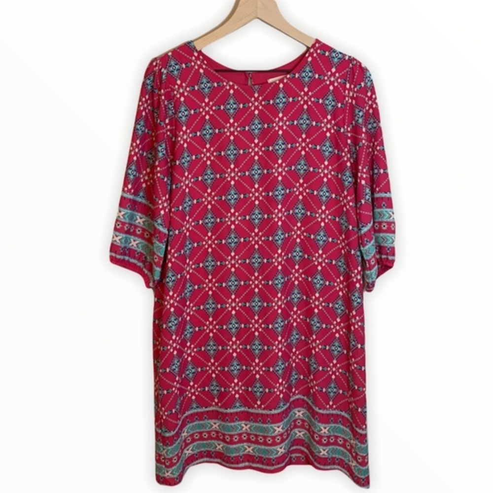 Everly pink and teal diamond pattern‎ shift dress